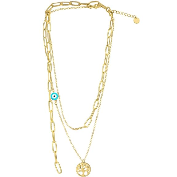 Chain Necklace Gold-Tone Layered Evil Eye & Tree of Life Pendant