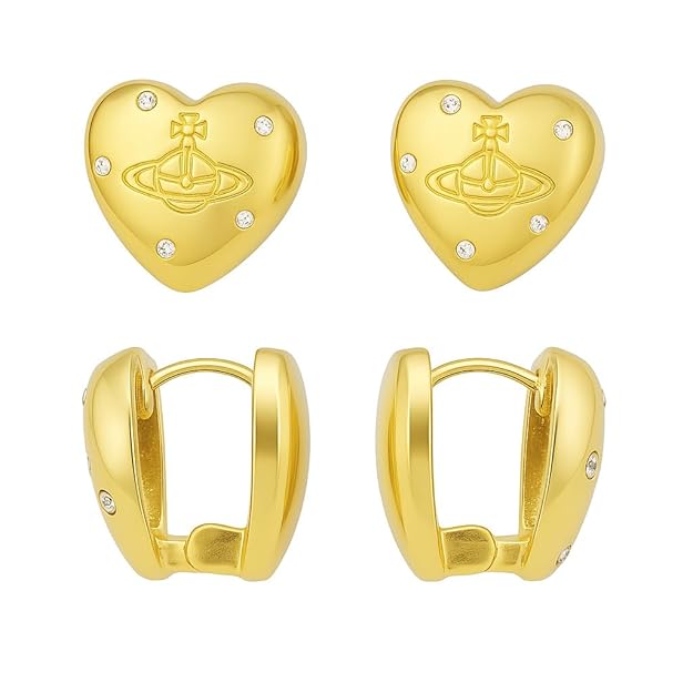 Gold Heart with Shiny Stones Hoop Earrings
