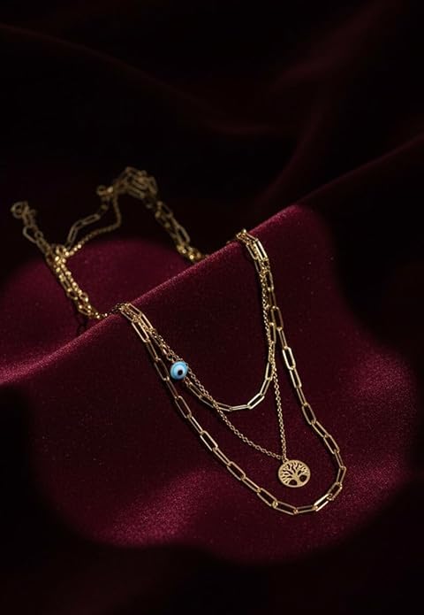 Chain Necklace Gold-Tone Layered Evil Eye & Tree of Life Pendant