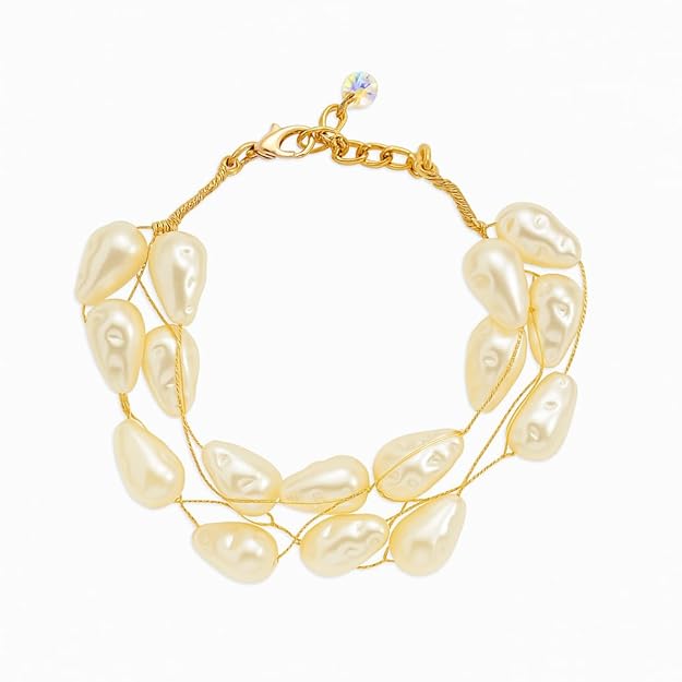 Elegant Pearl Drop Bracelet, Gold-Toned Chain, Crystal Accents, Adjustable