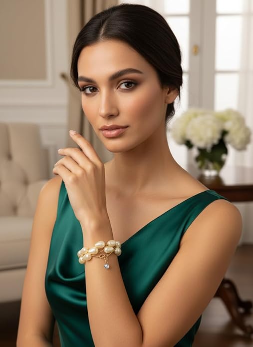 Elegant Pearl Drop Bracelet, Gold-Toned Chain, Crystal Accents, Adjustable