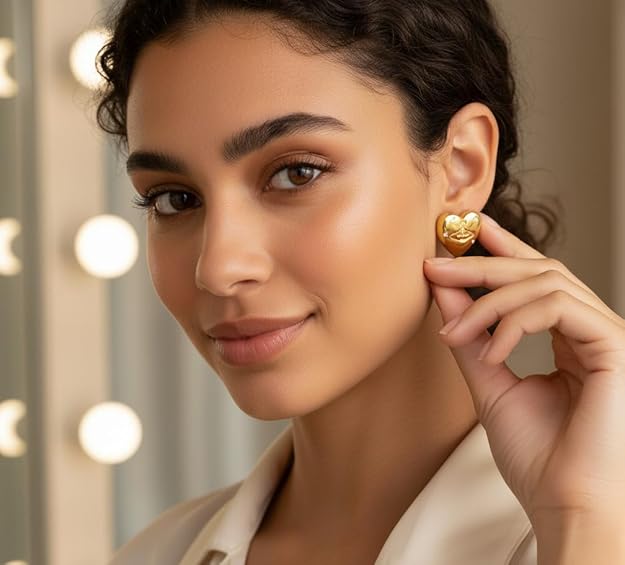 Gold Heart with Shiny Stones Hoop Earrings