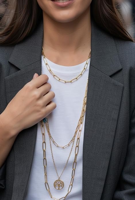 Chain Necklace Gold-Tone Layered Evil Eye & Tree of Life Pendant