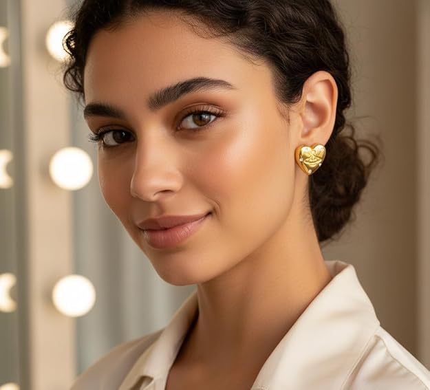 Gold Heart with Shiny Stones Hoop Earrings