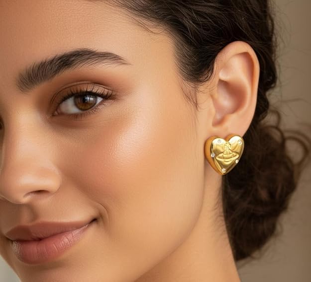 Gold Heart with Shiny Stones Hoop Earrings