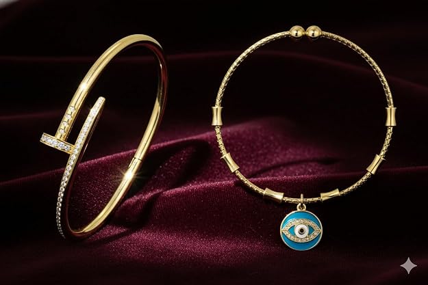 Charm Bracelet  Set Evil Eye Gold Plated Adjustable Nail Bangle with CZ Stones