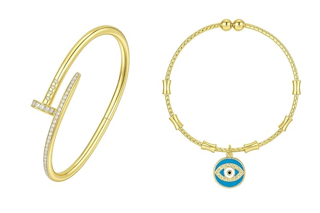 Charm Bracelet  Set Evil Eye Gold Plated Adjustable Nail Bangle with CZ Stones