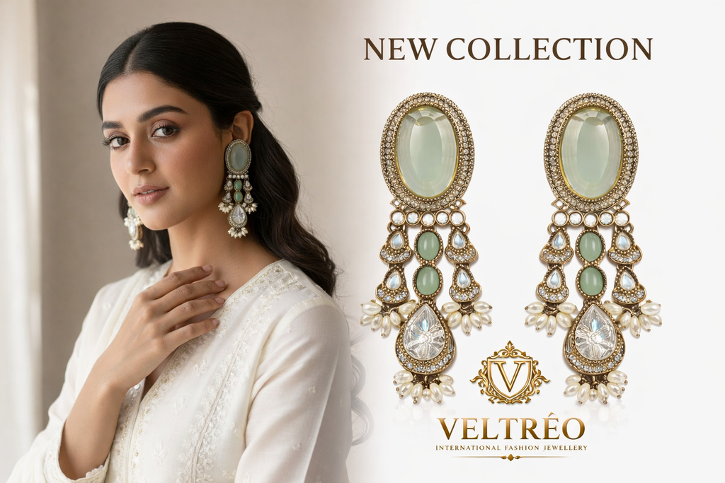 Pale Green Stone Chandelier Earrings for Women, Antique Finish Statement Earrings with Crystal & Pearl Detailing, Party & Wedding Jewelry