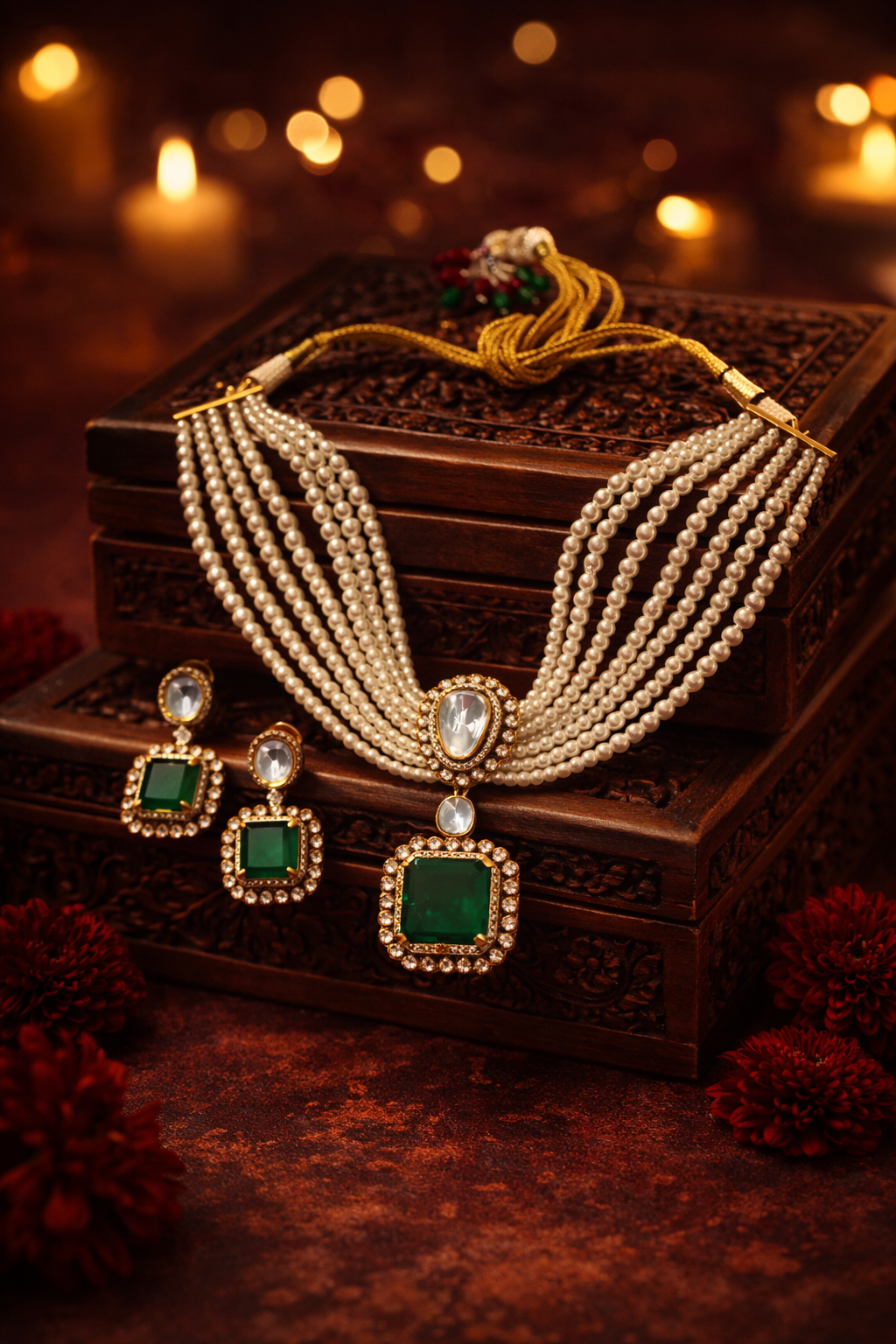 Multi-Layer Pearl Choker Necklace Set with Green Stone Pendant and Matching Earrings | Traditional Wedding & Party Jewelry for Women