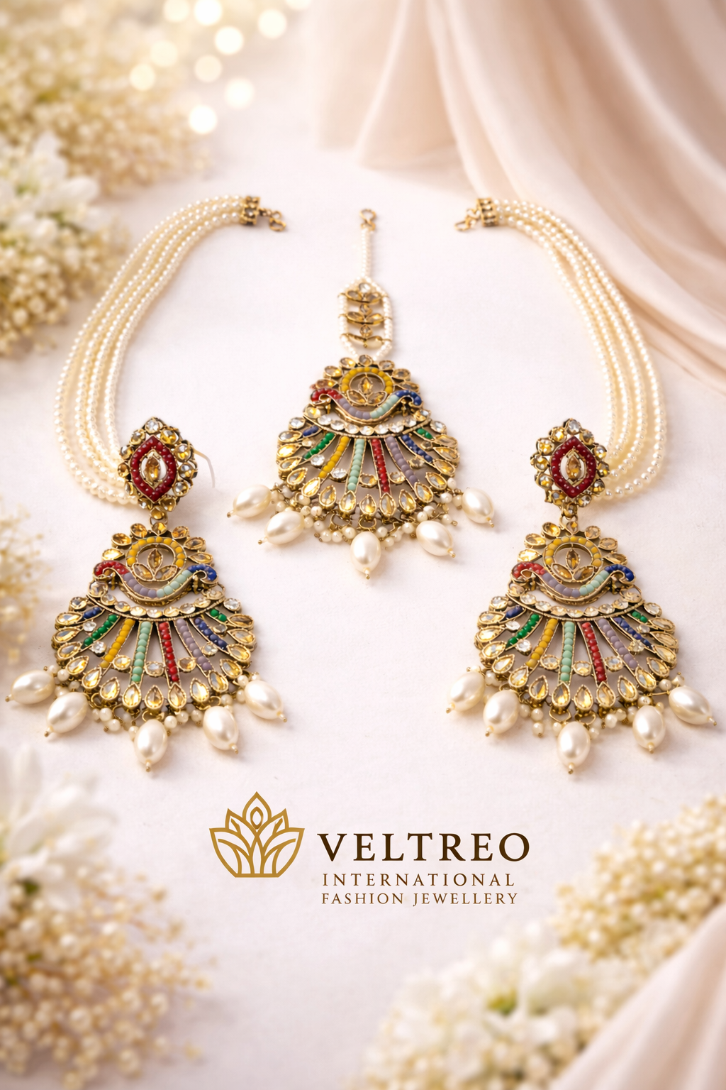 Traditional Multicolor Kundan Pearl  Earrings & Maang Tikka | Ethnic Indian Jewellery for Women