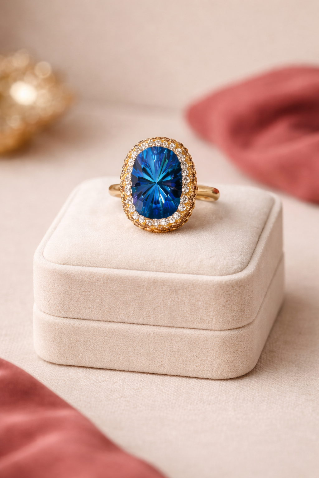 Oval Cut Blue Stone Ring with Halo Setting | Gold-Tone Adjustable Fashion Ring for Women | Party & Wedding Jewellery
