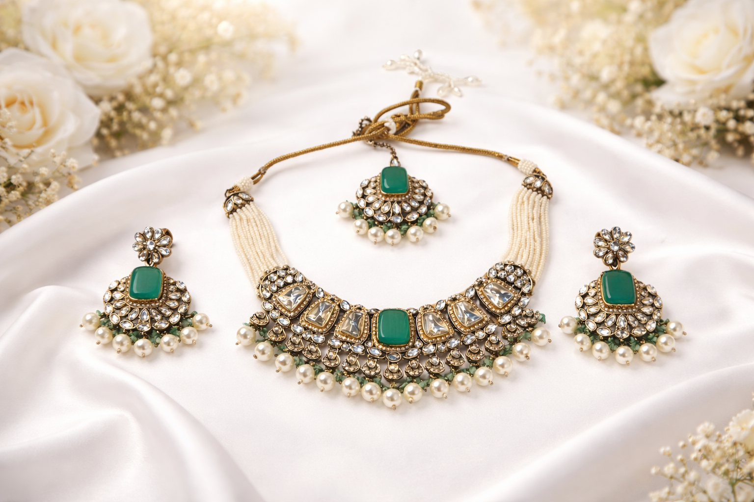 Green Kundan Pearl Necklace Set with Earrings & Maang Tikka for Women | Traditional Indian Wedding Jewellery