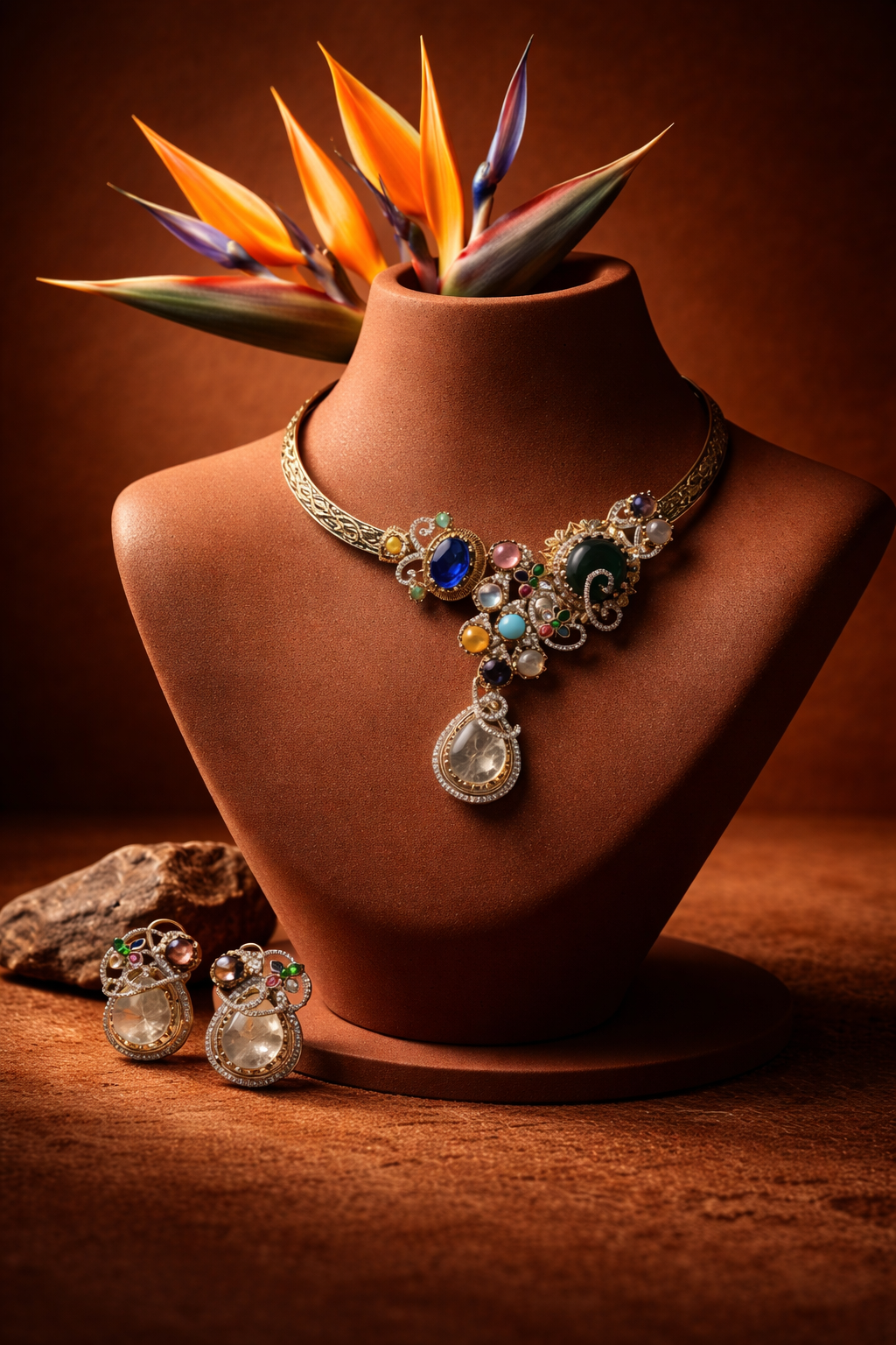 Vintage Multi-Color Stone Choker Necklace Set for Women | Gold-Tone Statement Necklace with Matching Earrings | Ethnic Party & Wedding Jewellery