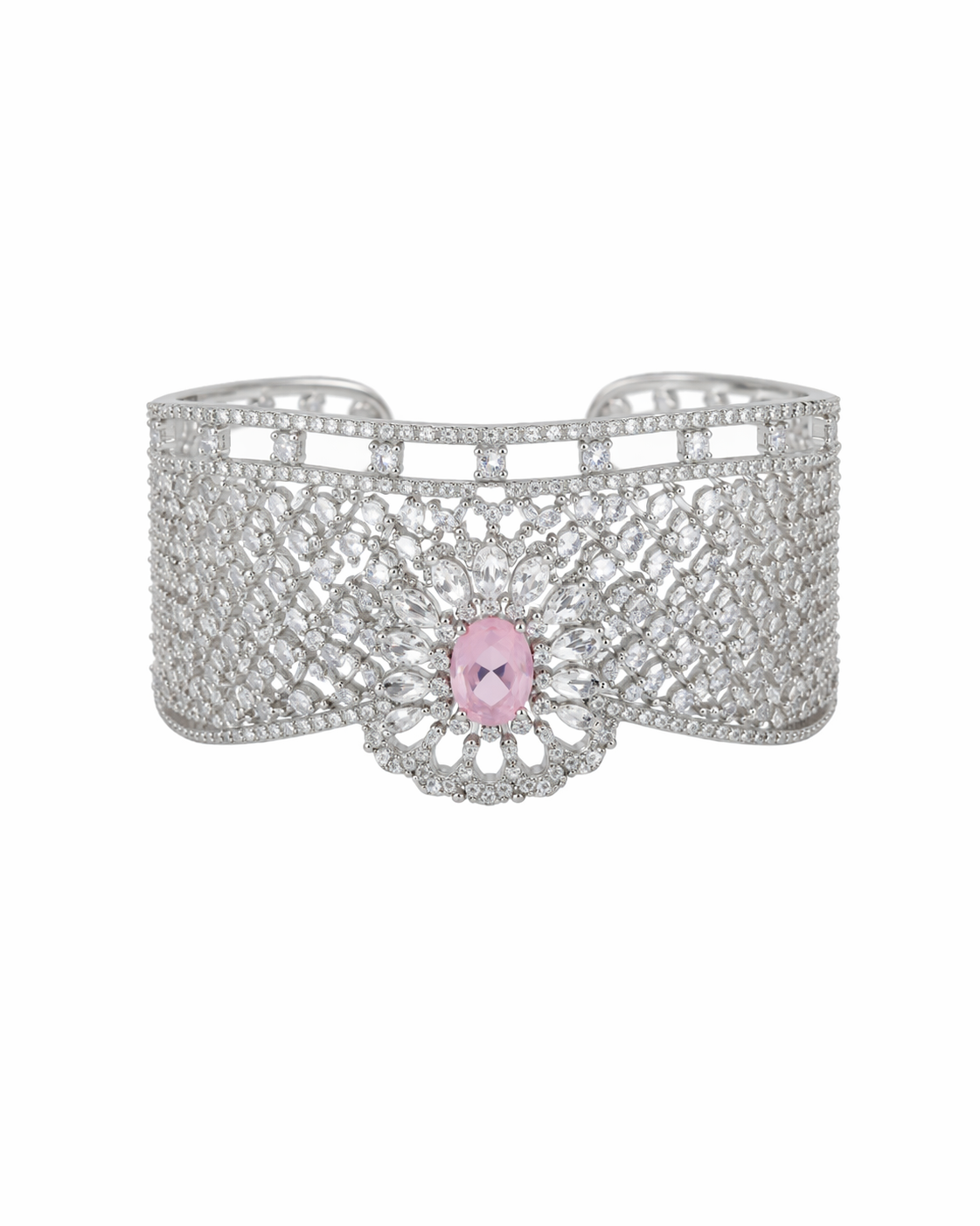 Elegant Silver-Plated Statement Cuff Bracelet with Pink Stone | Designer Floral Openwork Kada for Women | Party Wear, Wedding & Festive Jewelry