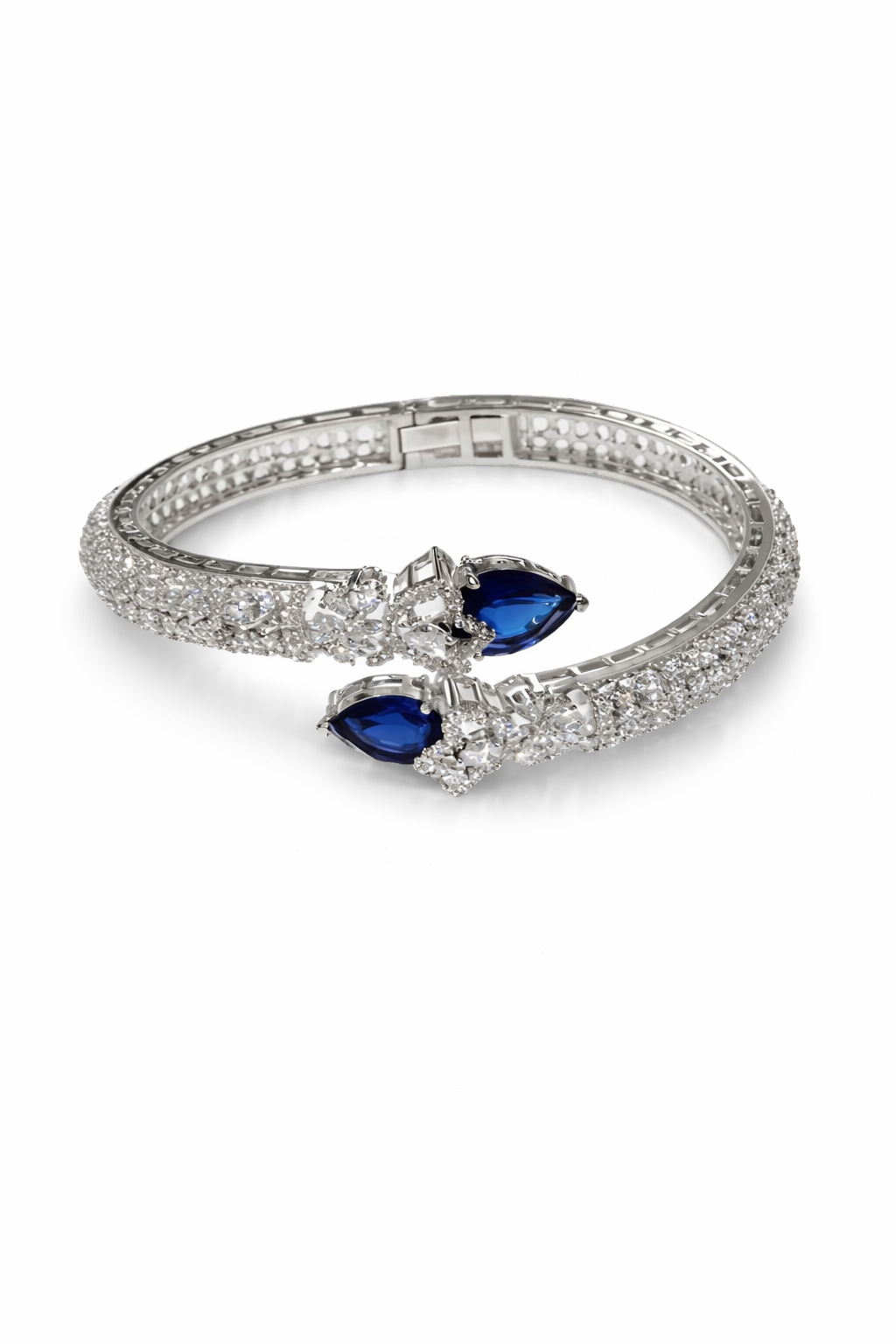 Elegant Blue Teardrop Crystal Bracelet for Women | Silver Plated Adjustable Kada Bangle | American Diamond Studded Designer Jewelry for Party & Wedding