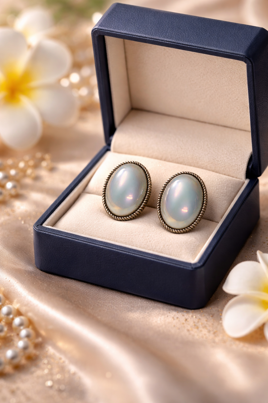 Vintage Oval Opalite Stud Earrings for Women | Antique Silver Finish Handmade Earrings | Elegant Minimal Jewelry for Daily Wear & Gifting