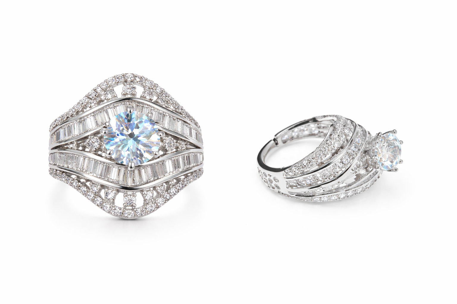 Luxury Silver-Tone Diamond Look Statement Ring for Women | Round Cut Center Stone | Baguette & Pave Setting | Bridal, Party & Wedding Jewellery