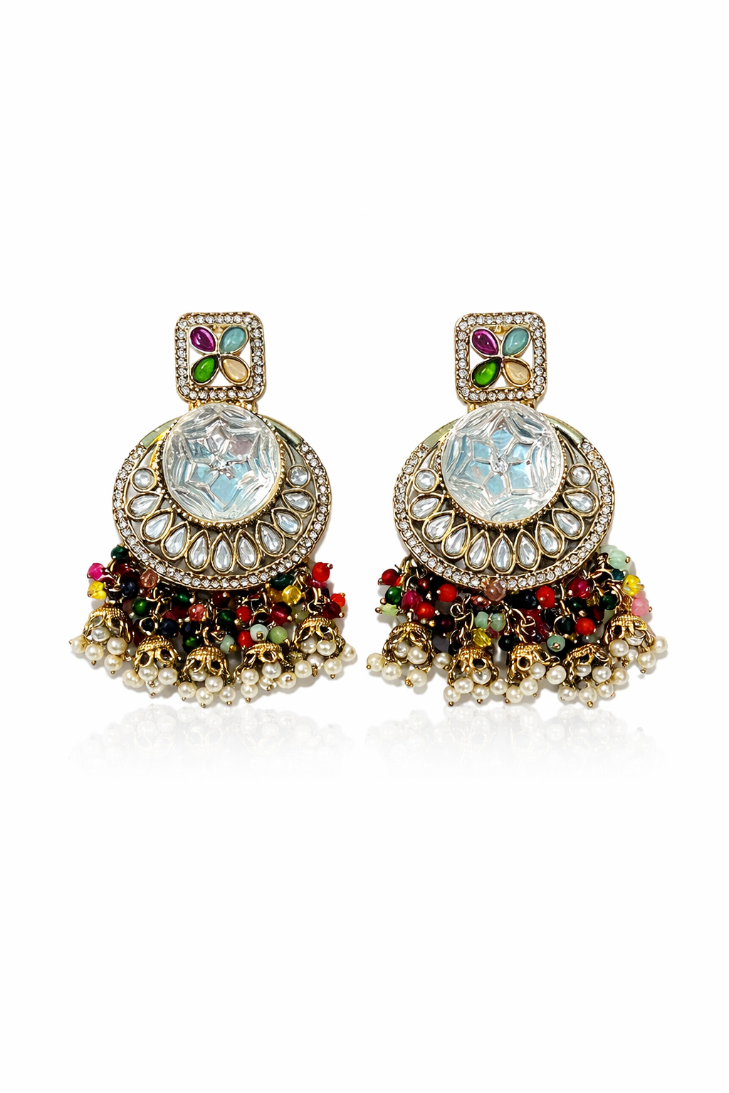 Women’s Traditional Multicolor Stone Chandbali Earrings with Pearl & Bead Jhumka Drop | Ethnic Party & Wedding Jewellery