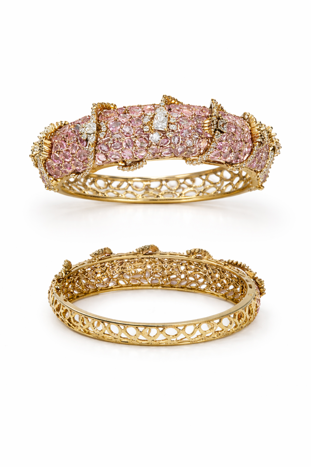 Gold Plated Pink Stone & CZ Diamond Studded Designer Kada Bangle for Women | Premium Bridal & Wedding Jewellery | Traditional Statement Bracelet