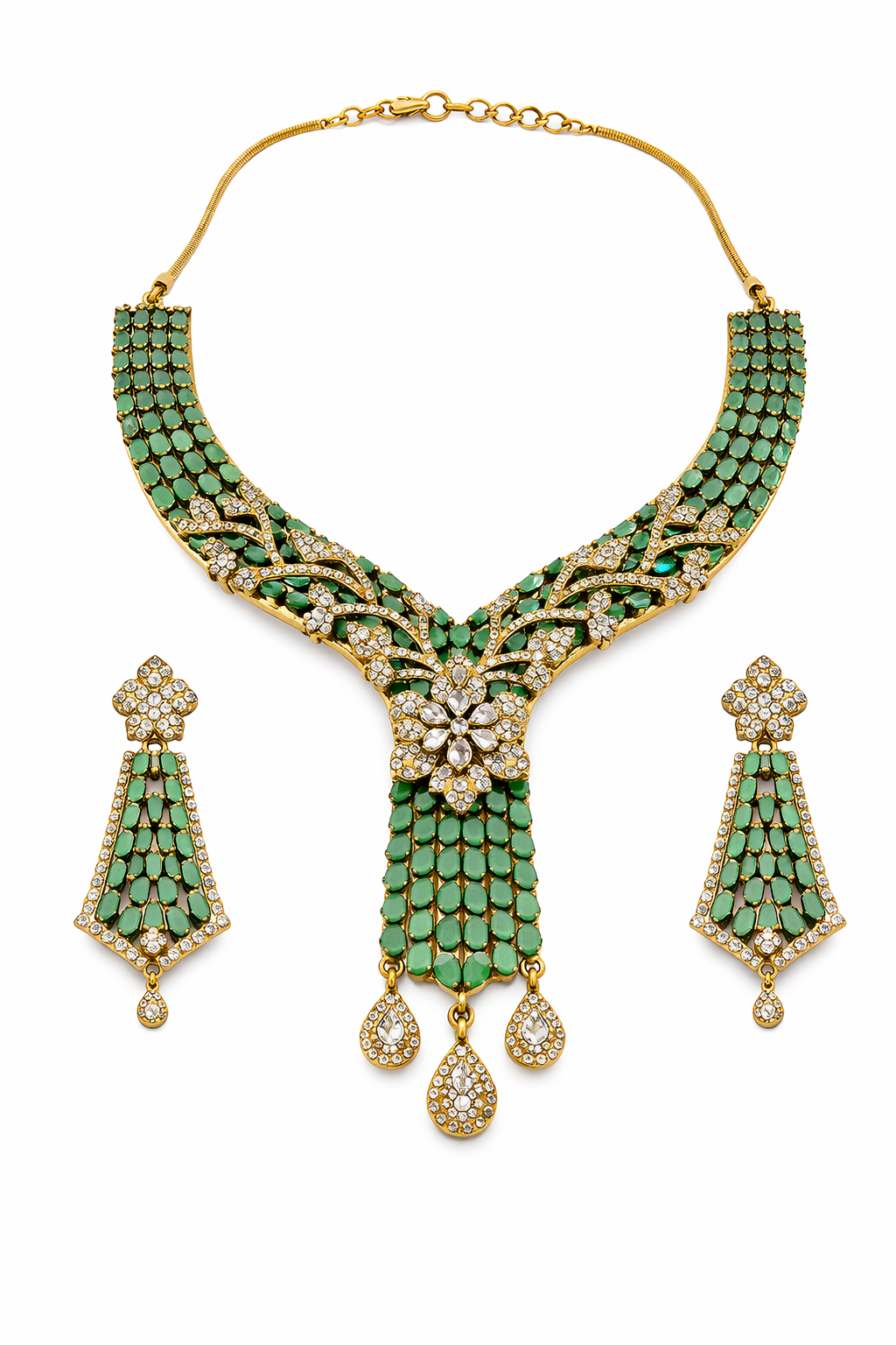 Emerald Green Stone Gold-Plated Necklace Set for Women | Premium CZ Diamond Floral Design Bridal Jewellery Set with Matching Earrings | Wedding & Festive Wear