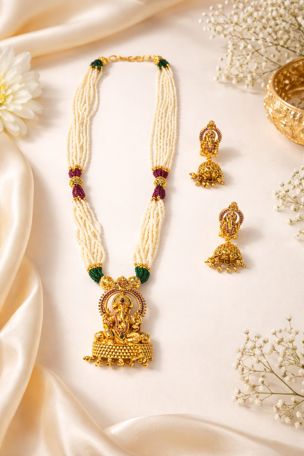 Traditional Pearl Ganesha Temple Necklace Set with Jhumka Earrings | Gold-Plated Ethnic Jewellery for Women