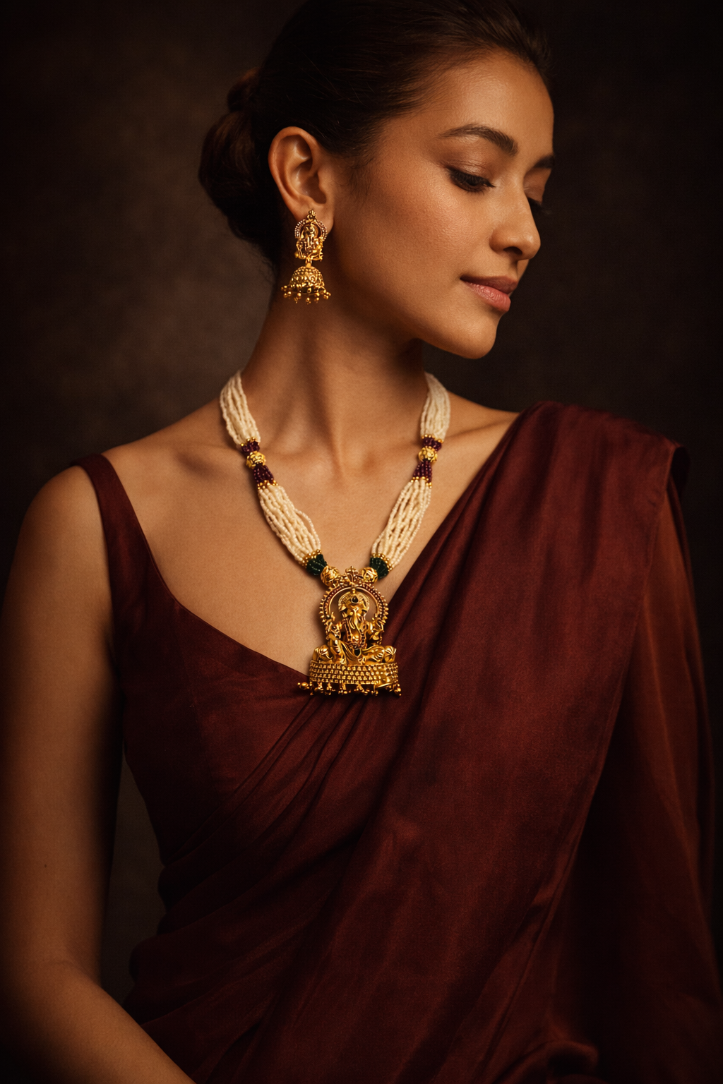 Traditional Pearl Ganesha Temple Necklace Set with Jhumka Earrings | Gold-Plated Ethnic Jewellery for Women