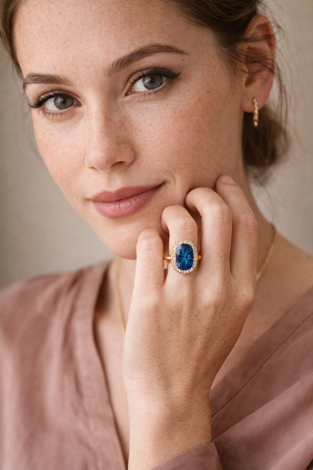Oval Cut Blue Stone Ring with Halo Setting | Gold-Tone Adjustable Fashion Ring for Women | Party & Wedding Jewellery