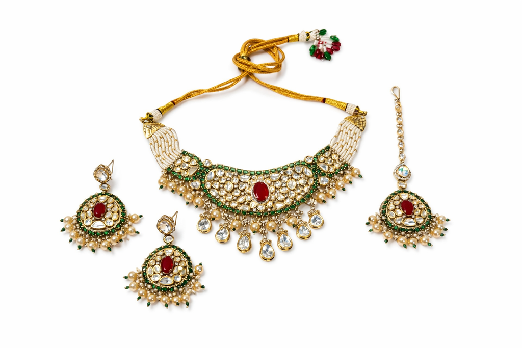 Traditional Kundan Choker Necklace Set with Earrings & Maang Tikka for Women | Bridal Jewellery Set with Pearl Drops | Wedding & Festive Wear