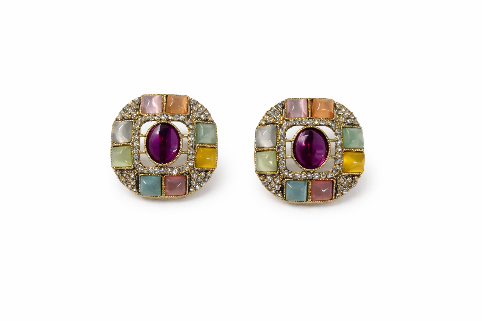 Vintage Multi-Color Stone Stud Earrings for Women | Gold-Tone Statement Earrings with Purple Center Stone | Ethnic Party Wear Jewellery