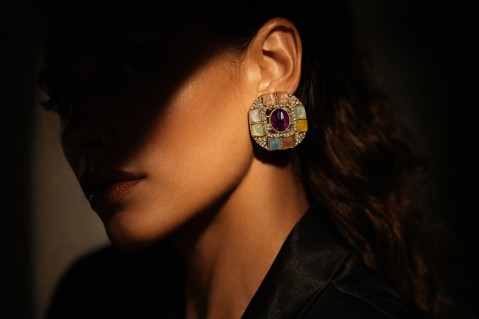 Vintage Multi-Color Stone Stud Earrings for Women | Gold-Tone Statement Earrings with Purple Center Stone | Ethnic Party Wear Jewellery