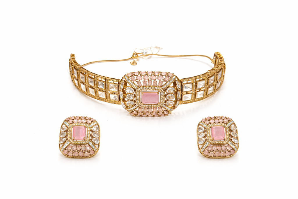 Pink Stone Gold-Plated Choker Necklace Set for Women with Matching Stud Earrings | Traditional & Wedding Jewellery | Elegant Party Wear Set