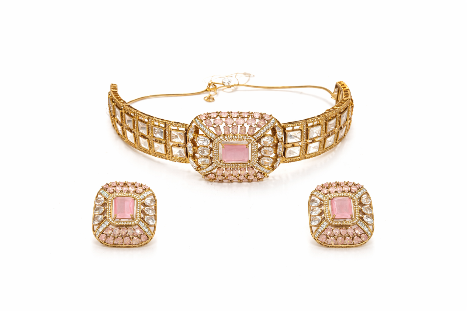 Pink Stone Gold-Plated Choker Necklace Set for Women with Matching Stud Earrings | Traditional & Wedding Jewellery | Elegant Party Wear Set