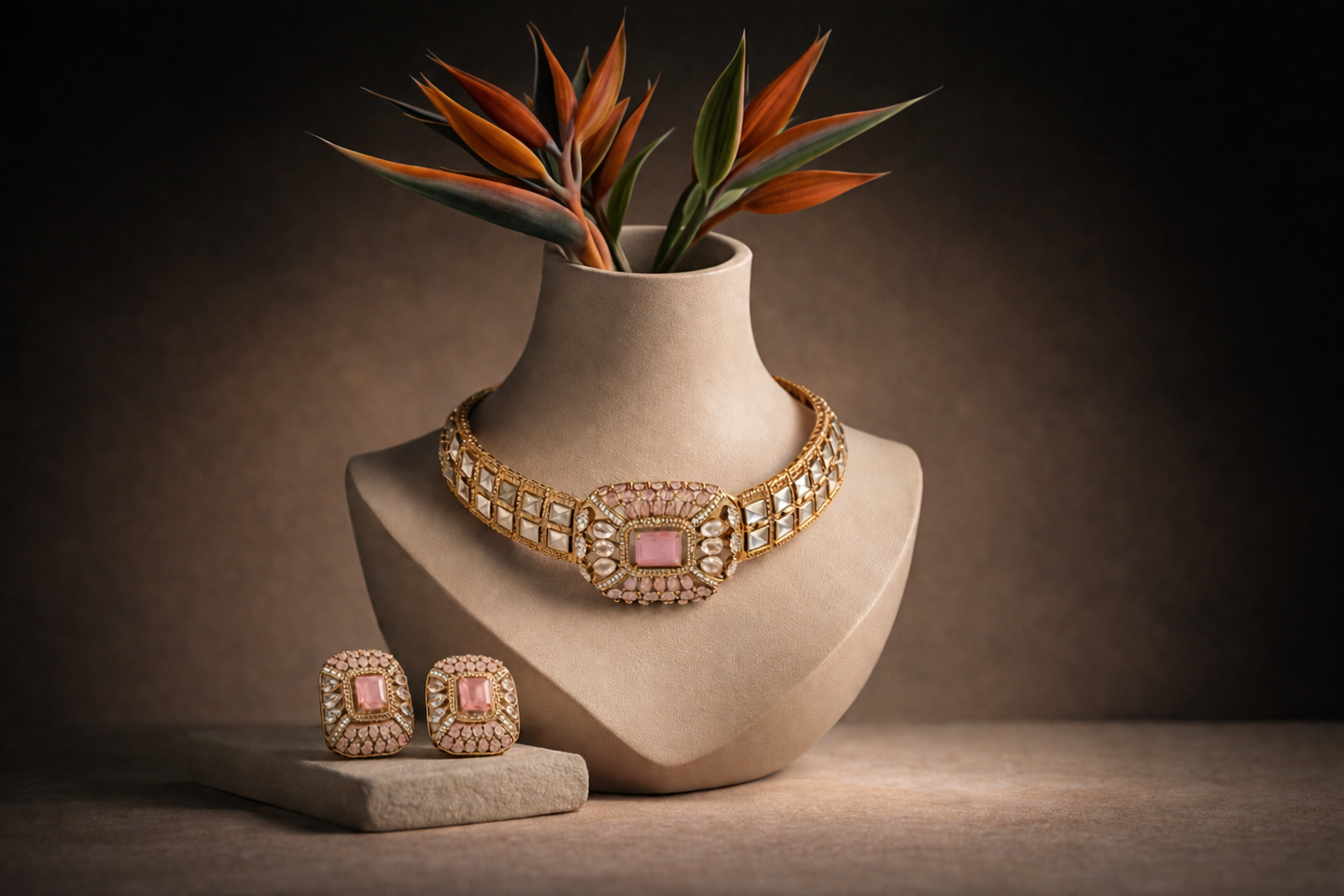 Pink Stone Gold-Plated Choker Necklace Set for Women with Matching Stud Earrings | Traditional & Wedding Jewellery | Elegant Party Wear Set