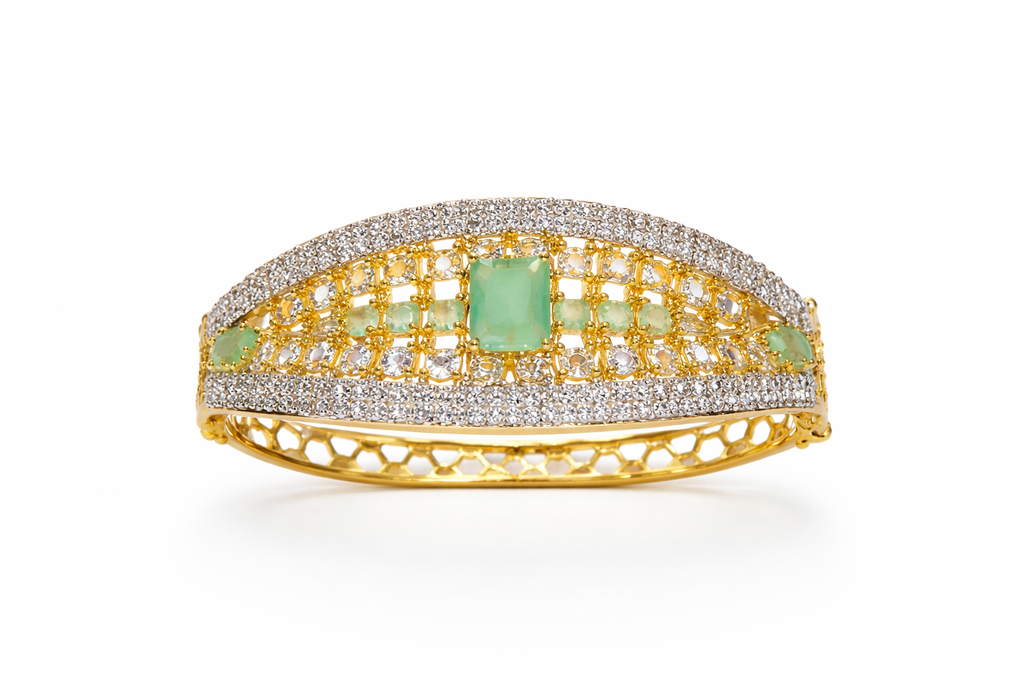 Gold-Plated Designer Kada Bracelet with Green Stone & American Diamond Work for Women | Elegant Party Wear Bangle