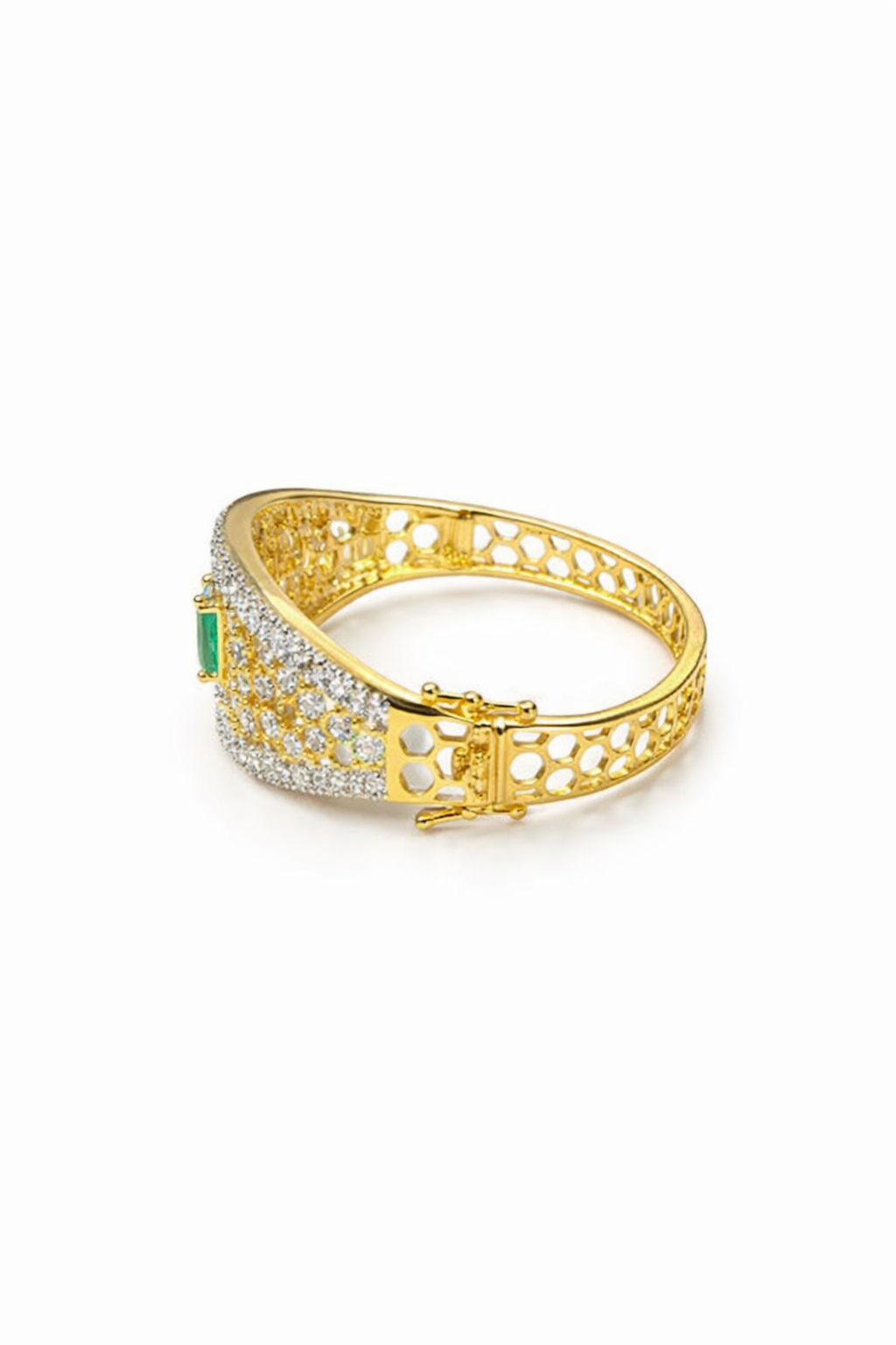 Gold-Plated Designer Kada Bracelet with Green Stone & American Diamond Work for Women | Elegant Party Wear Bangle