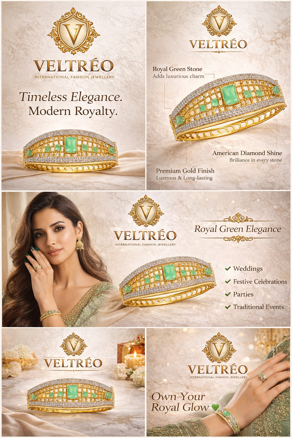 Gold-Plated Designer Kada Bracelet with Green Stone & American Diamond Work for Women | Elegant Party Wear Bangle