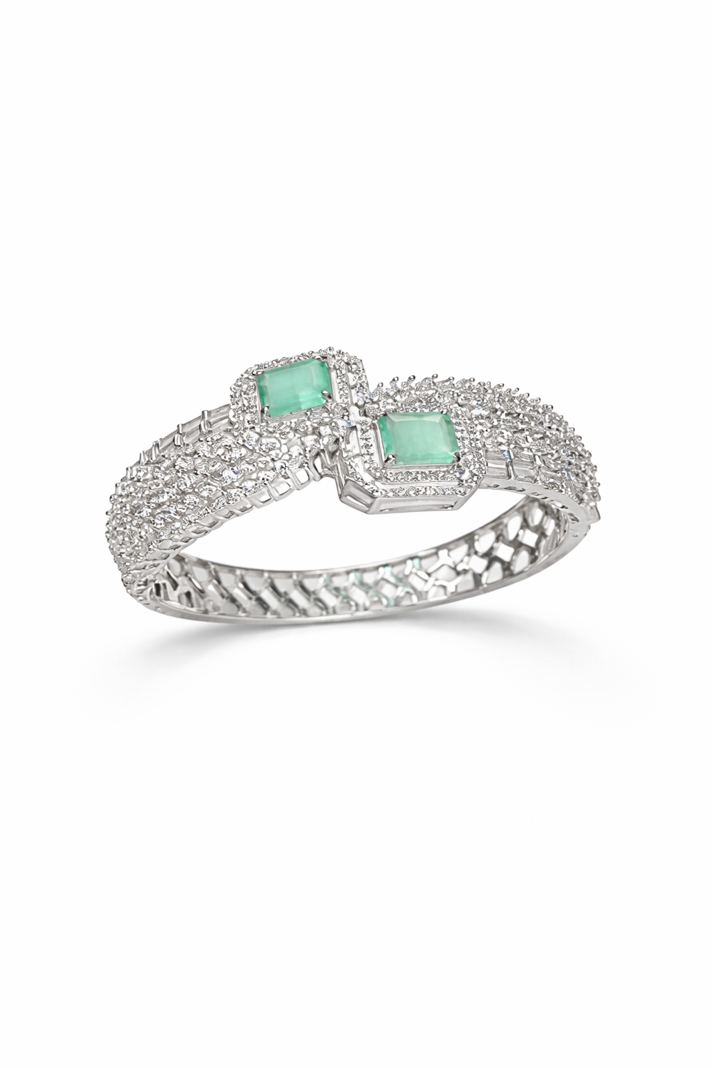 Silver-Plated Dual Emerald Green Stone Designer Kada Bracelet for Women | Square Cut Mint Green Crystal with CZ Diamond Studded Adjustable Bangle | Party Wear & Wedding Jewellery