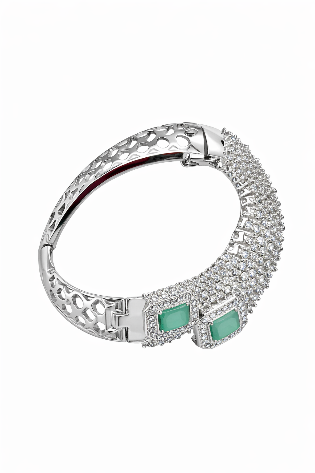 Silver-Plated Dual Emerald Green Stone Designer Kada Bracelet for Women | Square Cut Mint Green Crystal with CZ Diamond Studded Adjustable Bangle | Party Wear & Wedding Jewellery
