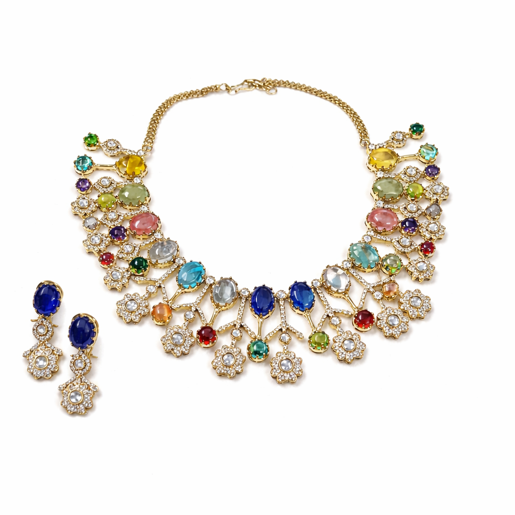 Multicolor Gemstone Statement Necklace Set with Earrings for Women | Gold Plated Designer Party & Wedding Jewellery | Traditional Ethnic Choker Necklace