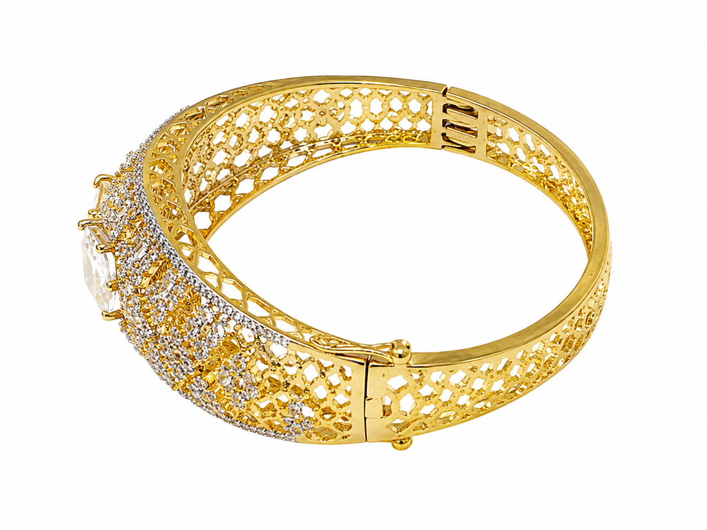 Luxury Gold-Plated American Diamond Kada Bracelet for Women | Designer Statement Bangle with Center Stone | Bridal & Party Wear Jewellery