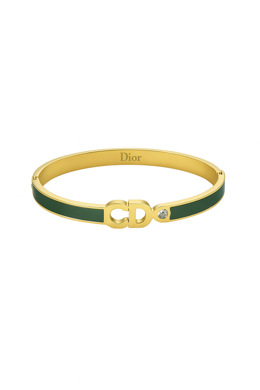 Veltreo International Luxury Gold Plated Bangle Bracelet for Women | Elegant Designer-Inspired Logo with Green Enamel & Crystal Accent | Premium Jewelry Gift