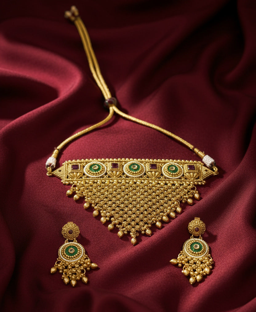 Temple Jewelry Choker with Intricate Beadwork & Green Stone Detailing Gold-Toned Bridal Necklace Set with Earrings for Women