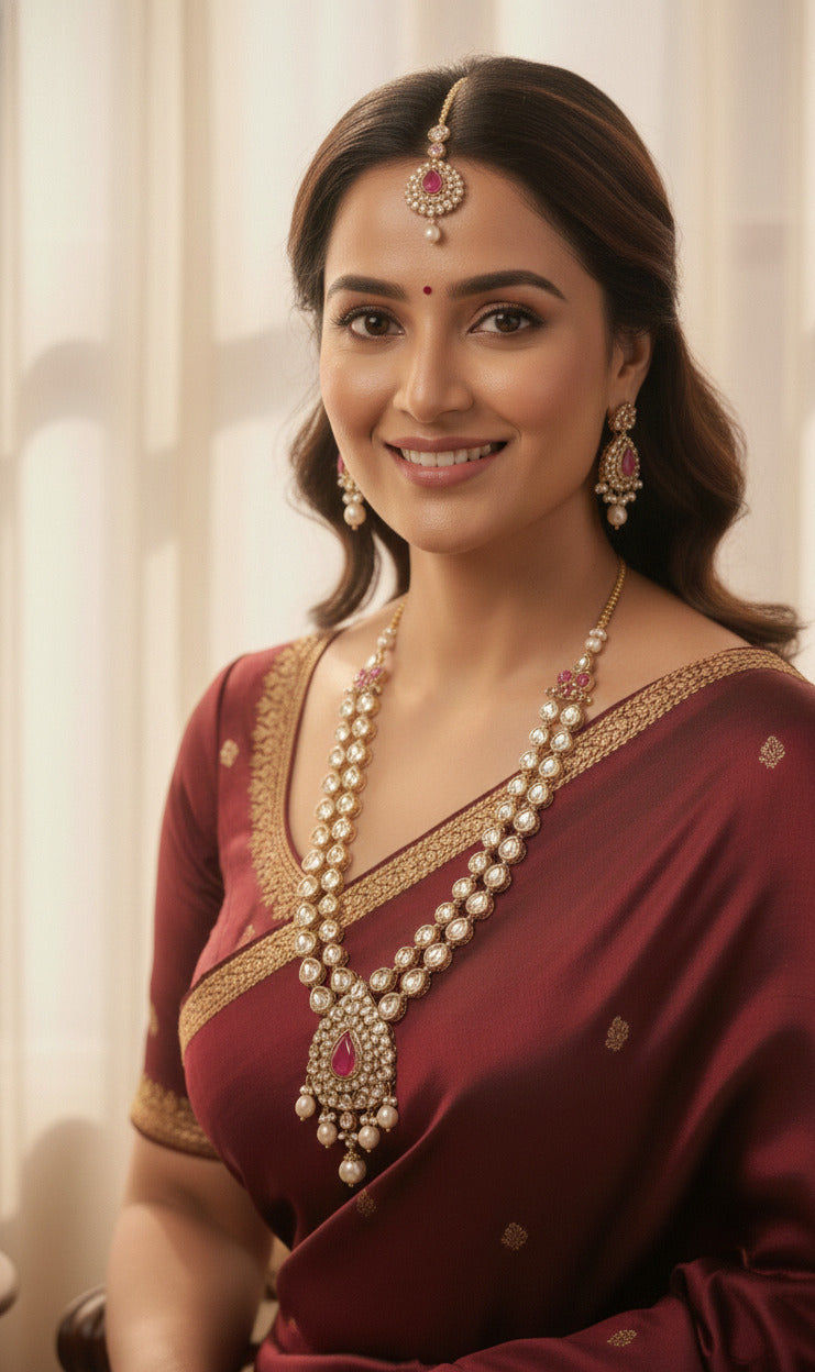 Traditional Kundan Necklace Set for Women | Bridal Ethnic Jewelry Set with Earrings & Maang Tikka | Gold Plated Pink Stone Jewellery