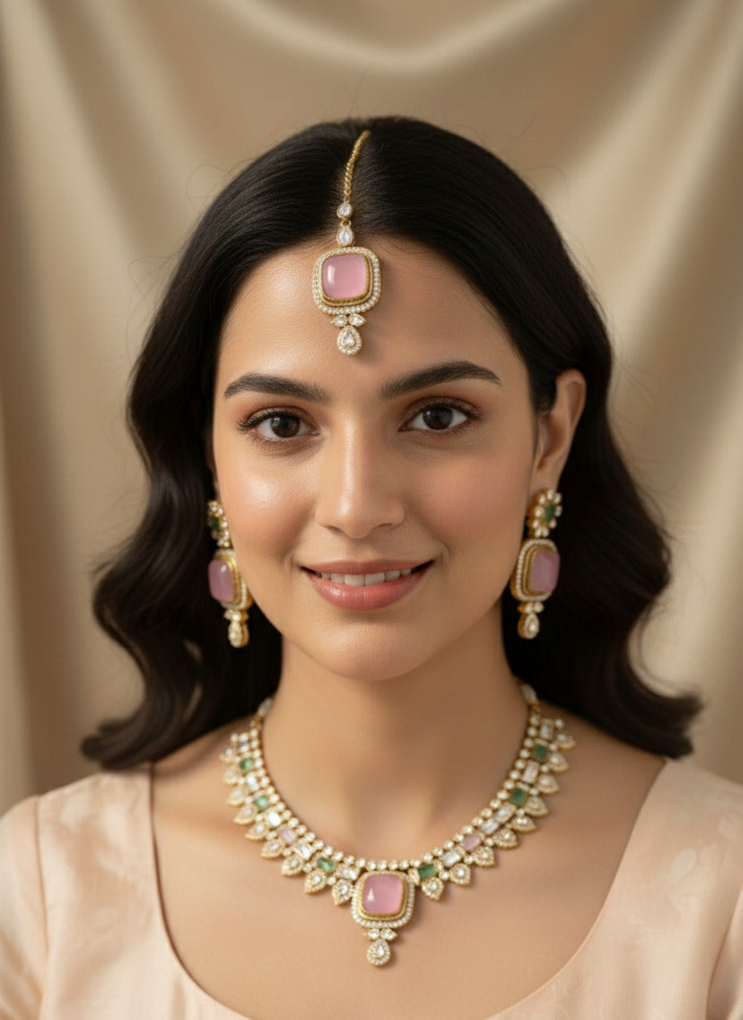 Kundan Necklace, Earrings & Maang Tikka Jewellery Set for Women | Gold-Tone with Pink & Green Stones