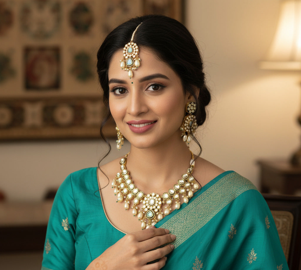 Kundan Pearl Necklace Set for Women – Gold-Plated Bridal Jewelry with Green Beads and White Stones | Indian Wedding Necklace with Earrings