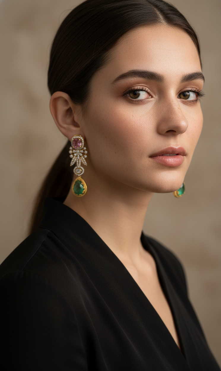 Gold-Plated Designer Drop Earrings with Pink & Green Stones | Ethnic Party & Wedding Wear Jewellery for Women