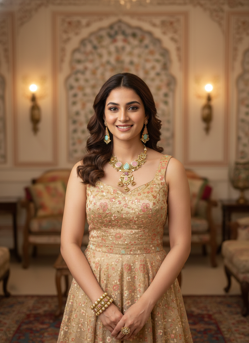 Traditional Gold-Tone Kundan Necklace Set with Pastel Stones & Pearl Drop Earrings for Women