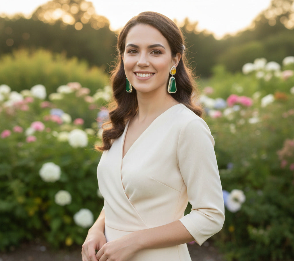 Women’s Statement Drop Earrings – Yellow & Green Dual-Stone Dangle Earrings with Crystal Halo | Party, Wedding & Festive Jewelry | Lightweight & Premium Finish