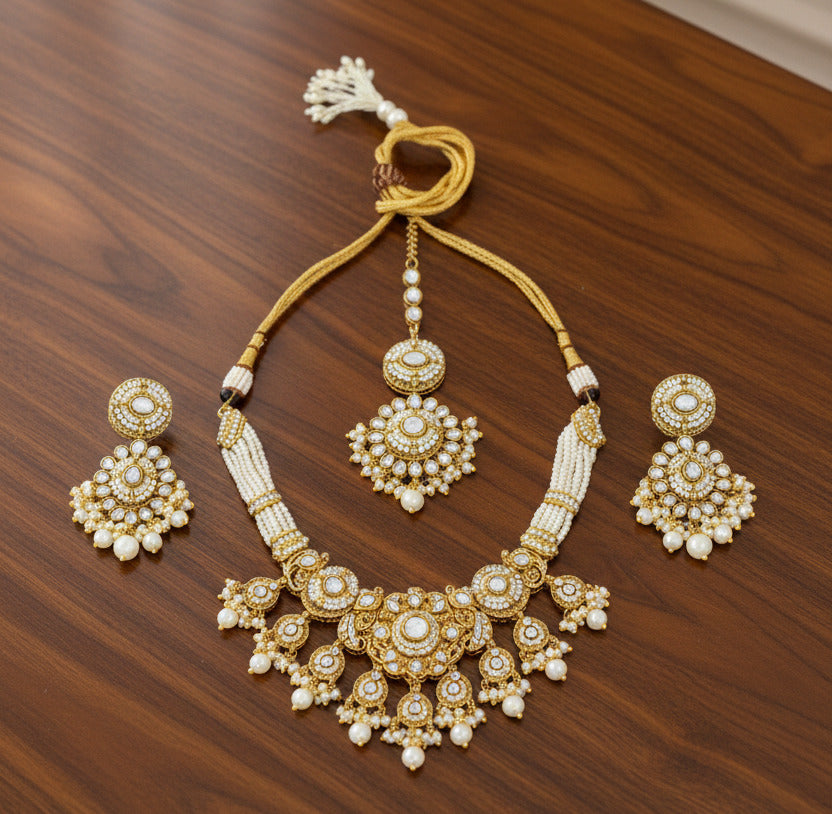 Kundan Pearl Maang Tikka & Earrings Set for Women