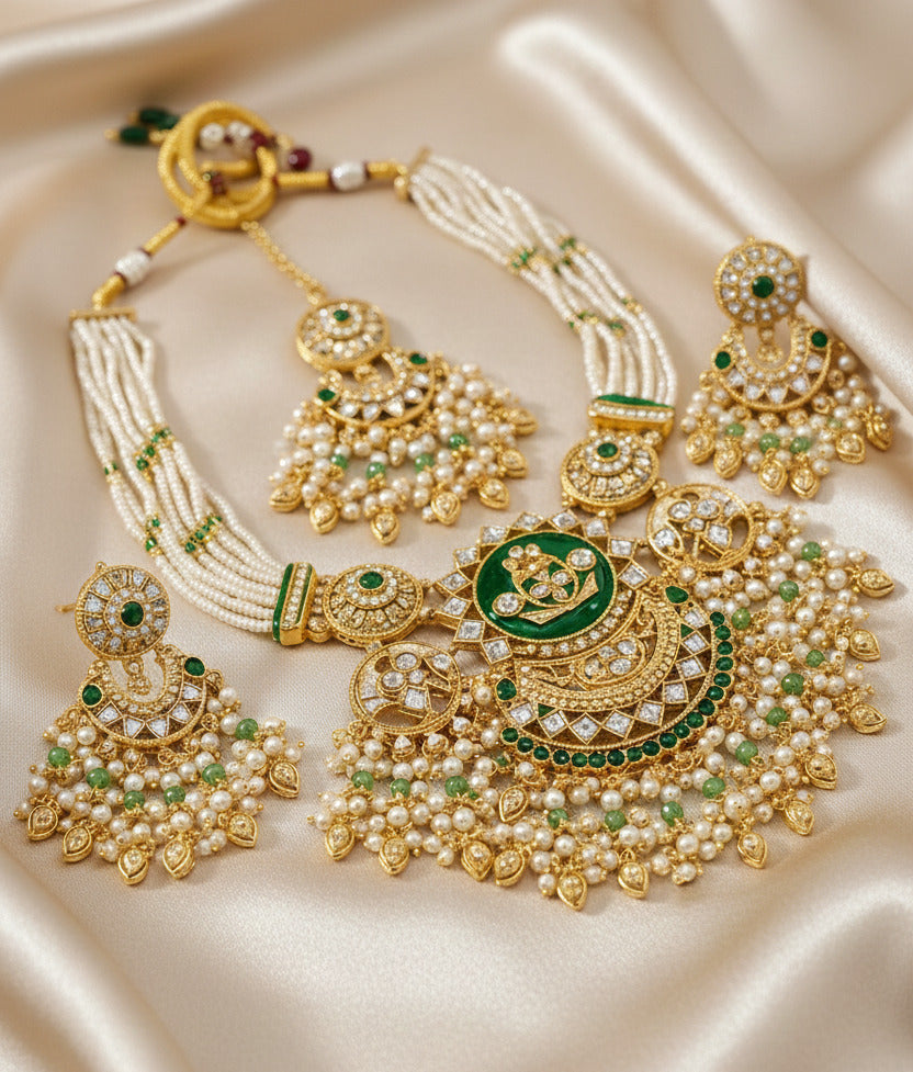 Traditional Kundan Bridal Necklace Set for Women | Green & Pearl Multi-Layer Wedding Jewelry with Matching Earrings